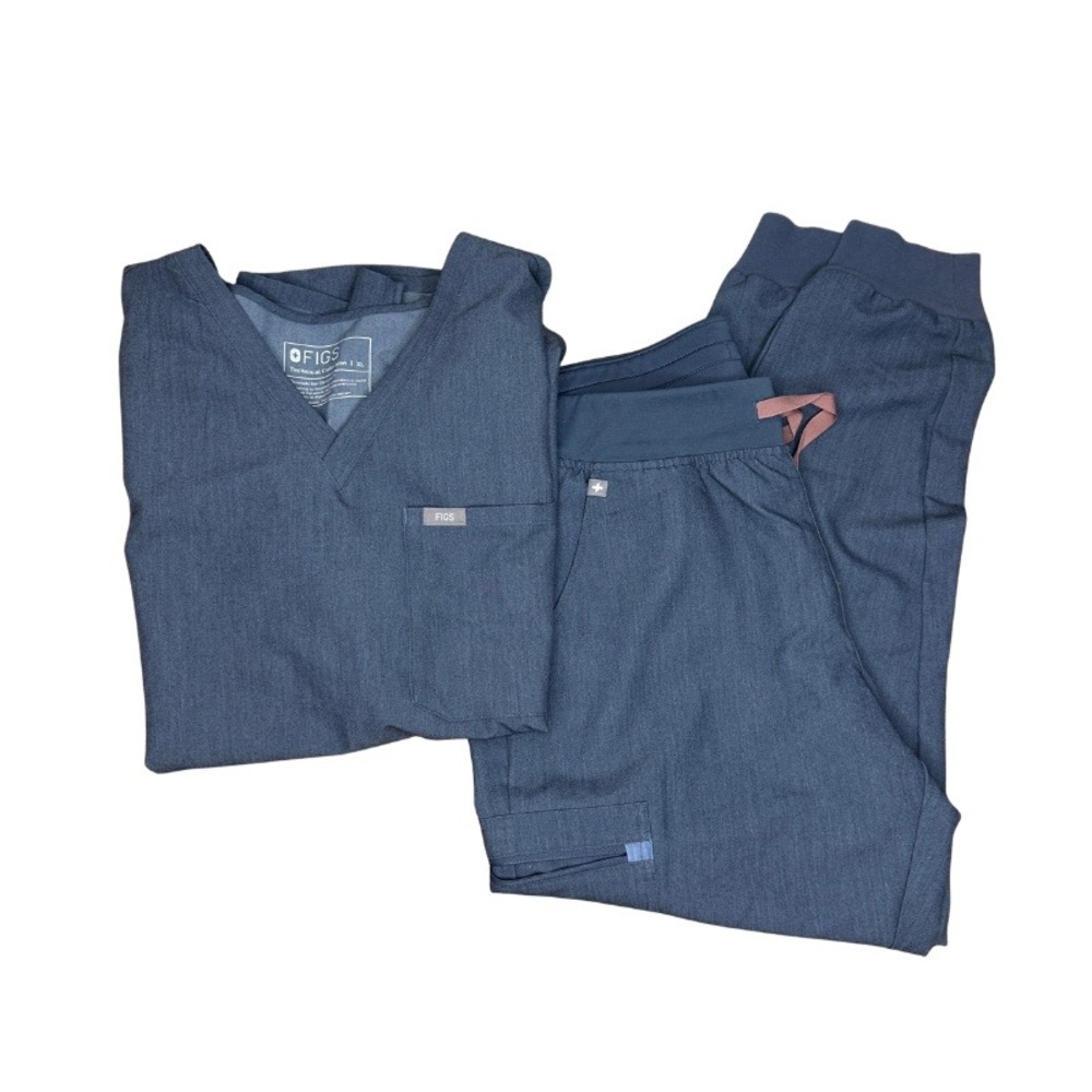FIGS Womens Scrub Set Heather Denim Catarina Top XL & Zamora High-Rise Joggers L